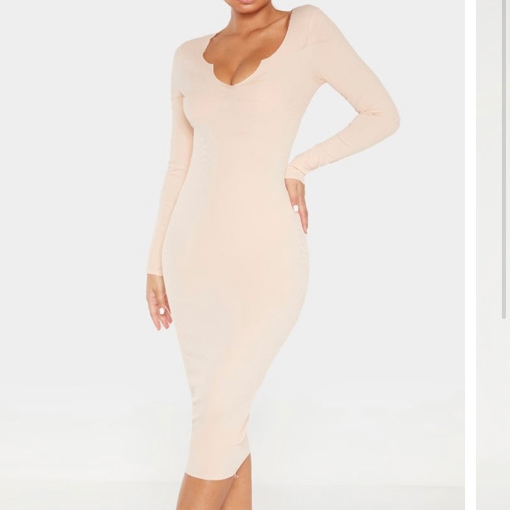 Nude Raw Edge Long Sleeved MIDI Dress